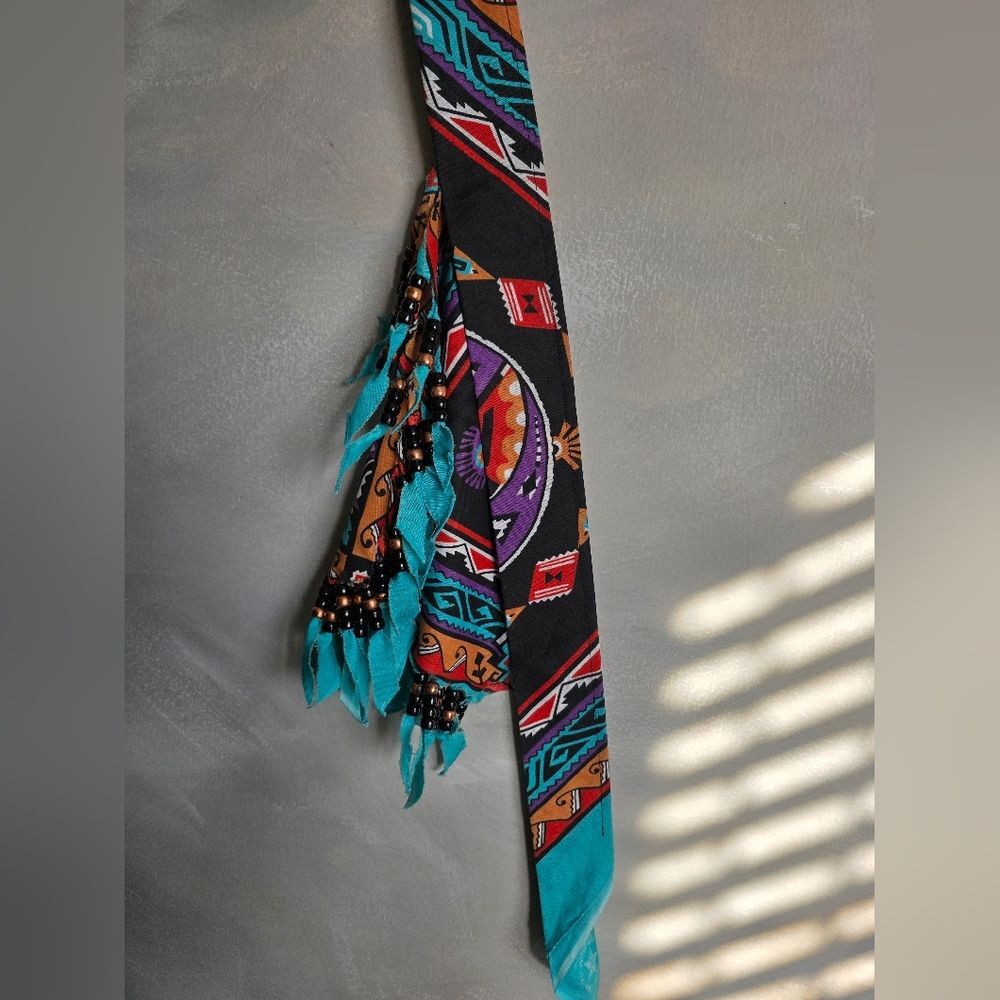 Vintage Handmade Beaded Bandana Southwest Print Fringed Neck Scarf Festival - Picture 7 of 9